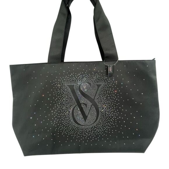 Victoria’s Secret Shine Tote Black Rhinestone Logo Oversized Glam Bag NWT - Picture 2 of 15